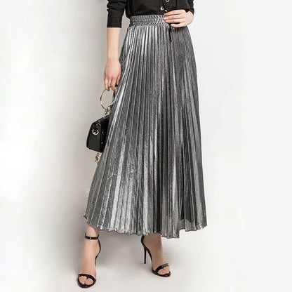 Check Pleated Maxi High Waist Large Swing Gold Long Skirt