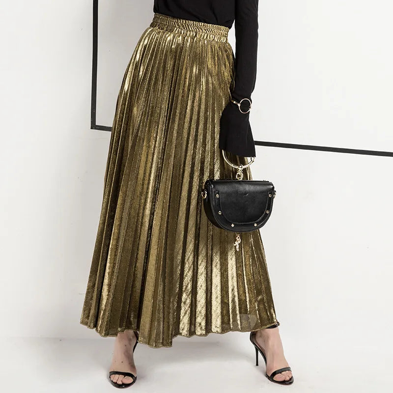 Check Pleated Maxi High Waist Large Swing Gold Long Skirt