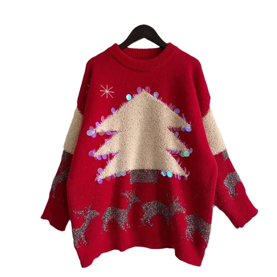 Sequins Christmas Tree Deer Jacquard Crew Neck Sweater