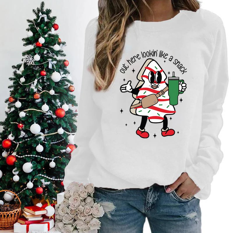 Snack Print Round Neck Christmas Hoodie - Casual Long Sleeve