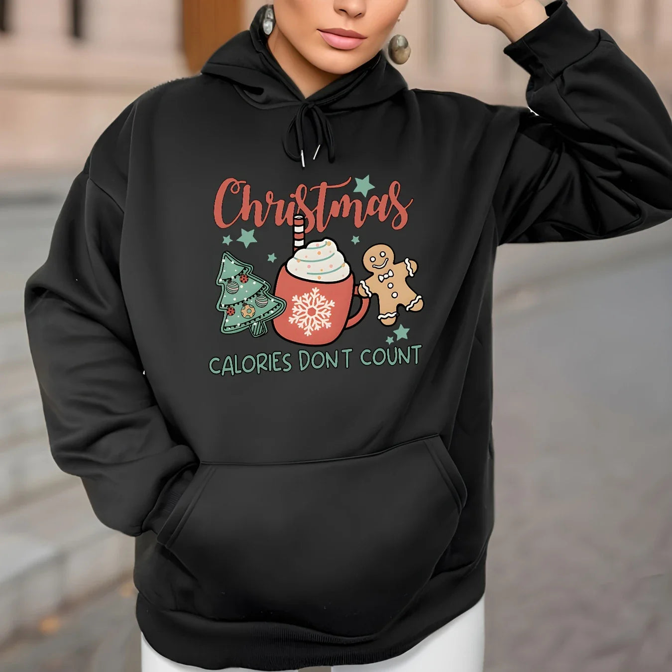 Fleece Lined Drawstring Sports Hoodie with Christmas Tree Design