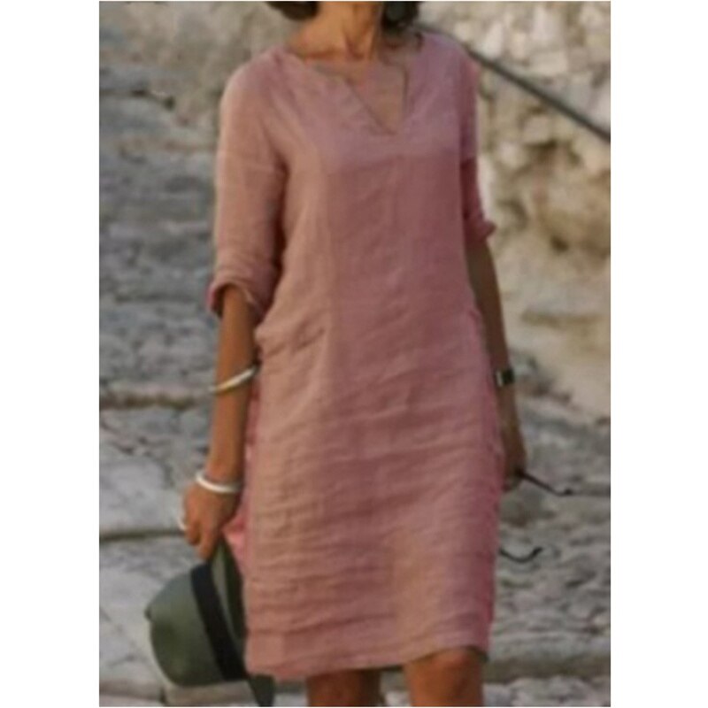 Amy Fashion - Short Sleeve Solid V Neck Baggy Dress