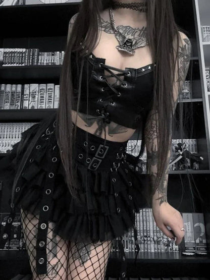 Leather Grunge PU Crop Gothic Emo Lace-up Top Y2K Cyber