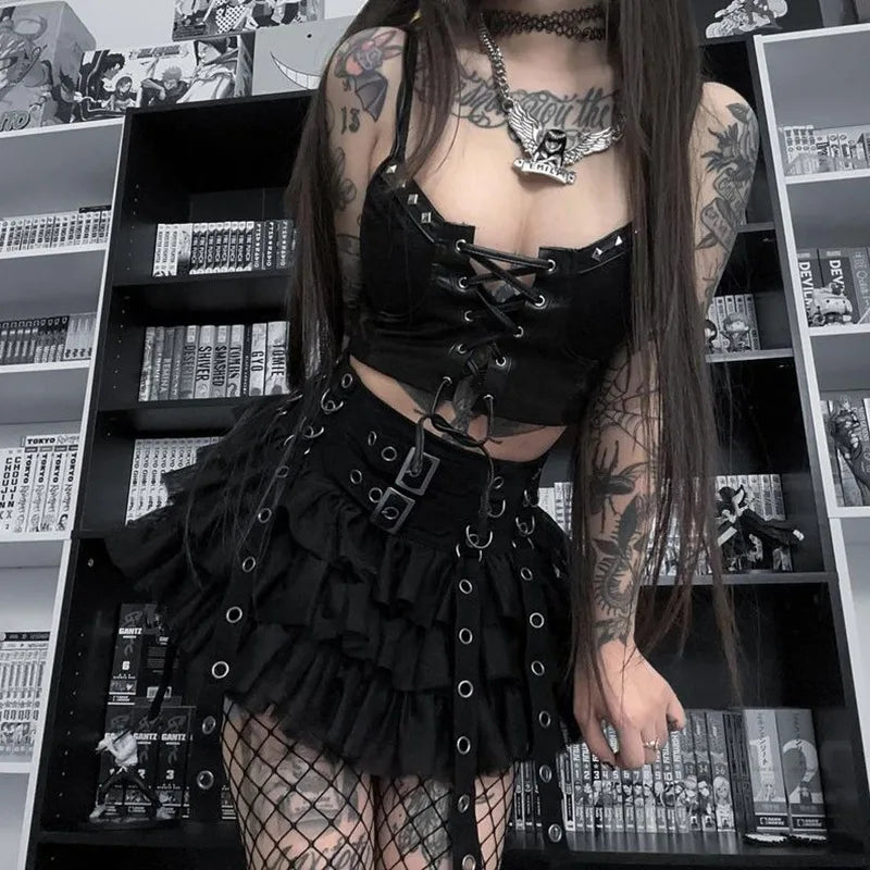 Leather Grunge PU Crop Gothic Emo Lace-up Top Y2K Cyber