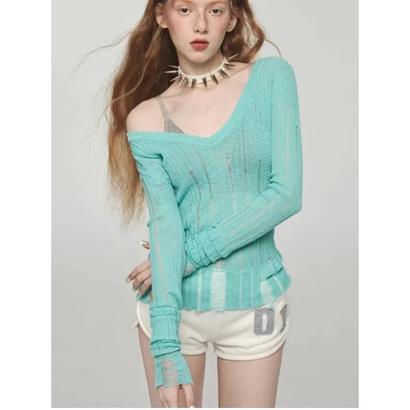 Y2K Women Knit Hollow Out V Neck Pullovers See Through Stylish Harajuku Korean Fashion Autumn Gyaru Sweater