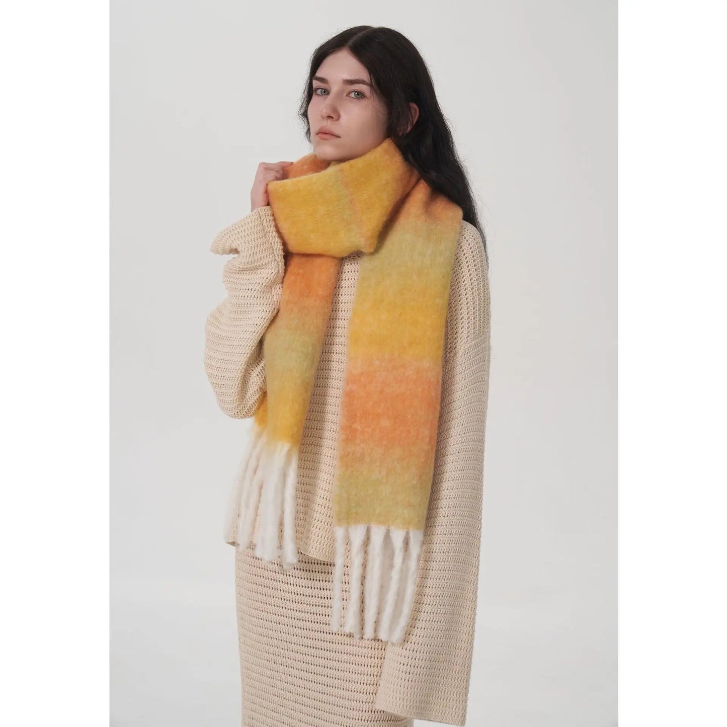 Light Luxury Gradient Color Wool Striped Fringed Mohair Scarf