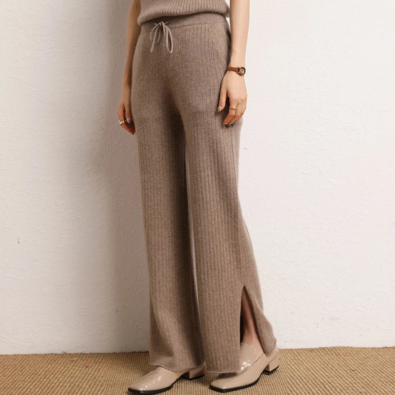 Cashmere Side Slit Wide Leg Warm High-Quality Pants