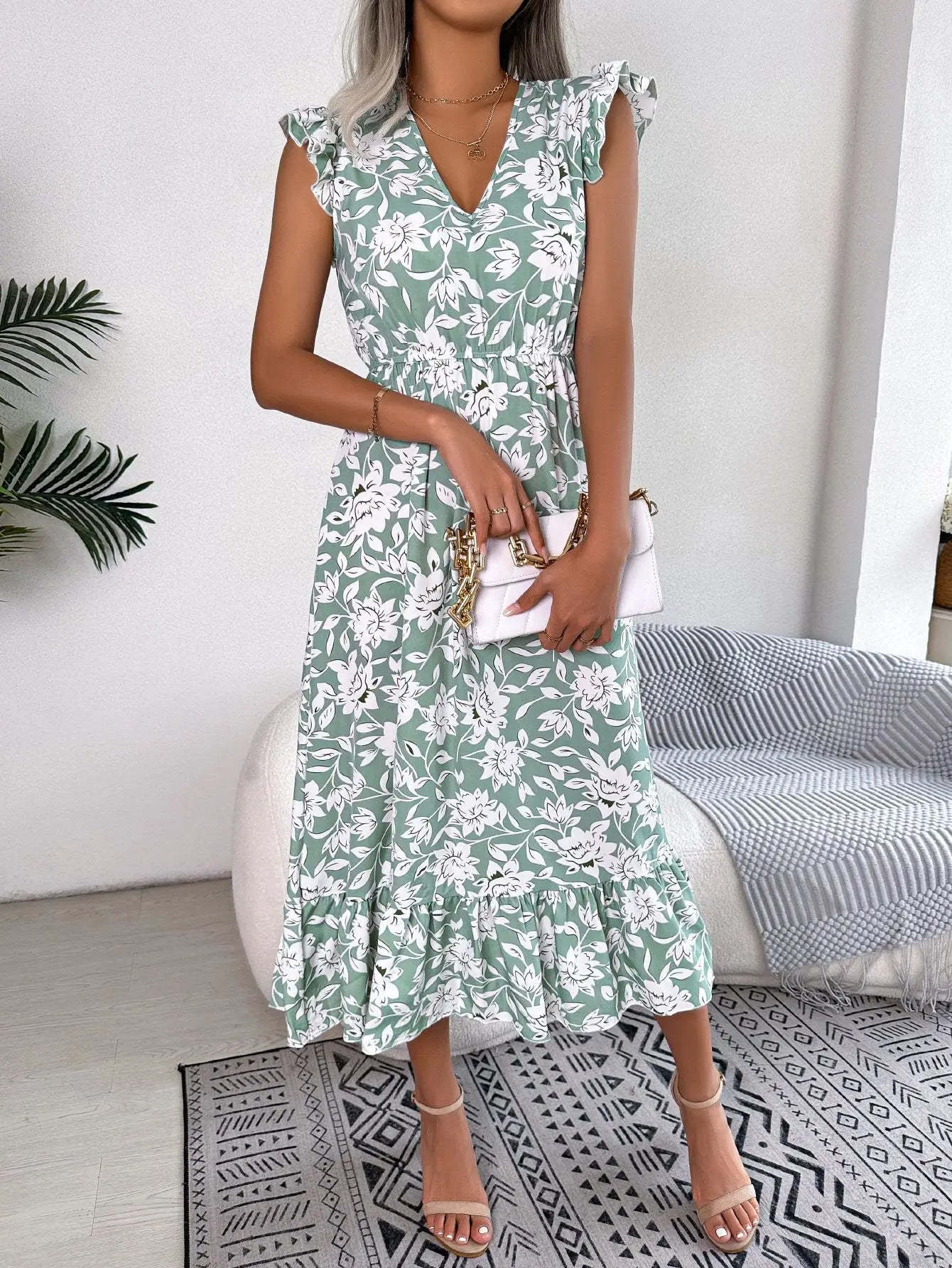 Amy Fashion - Sleeveless V Neck Summer A Line Midi Dress Boho Dress