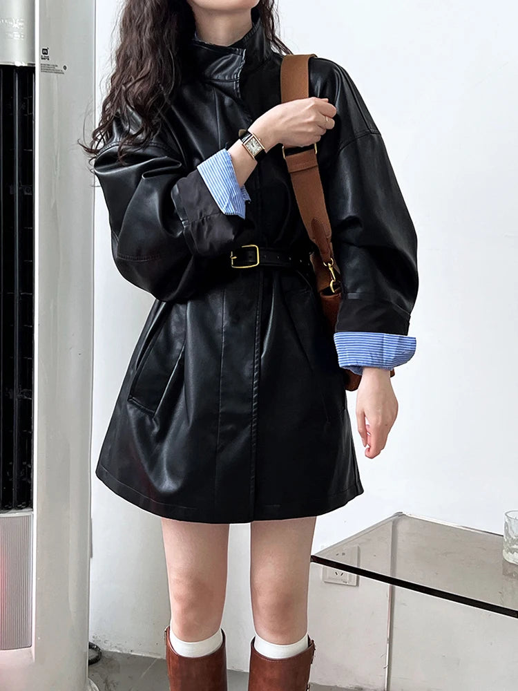 Loose Fit PU Leather Black Big Size Long Stand Collar Long Sleeve Fashion Jacket