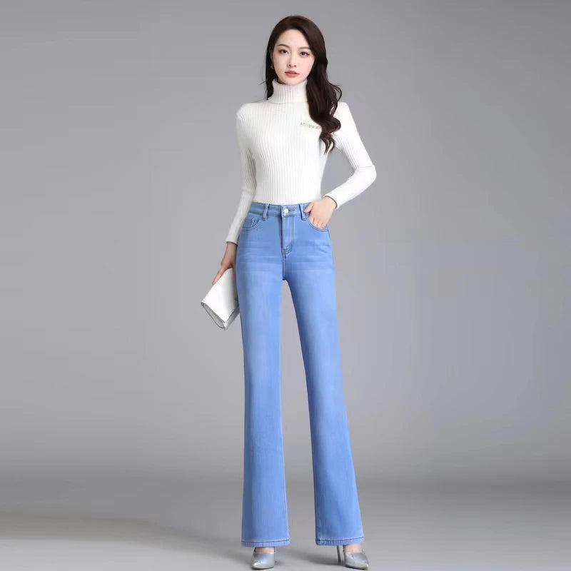 Amy Fashion - Elastic High Waist Woman Flare 2024 New Korean Fashion Clothing Pockets Slim Denim Solid Casual Flare Jean