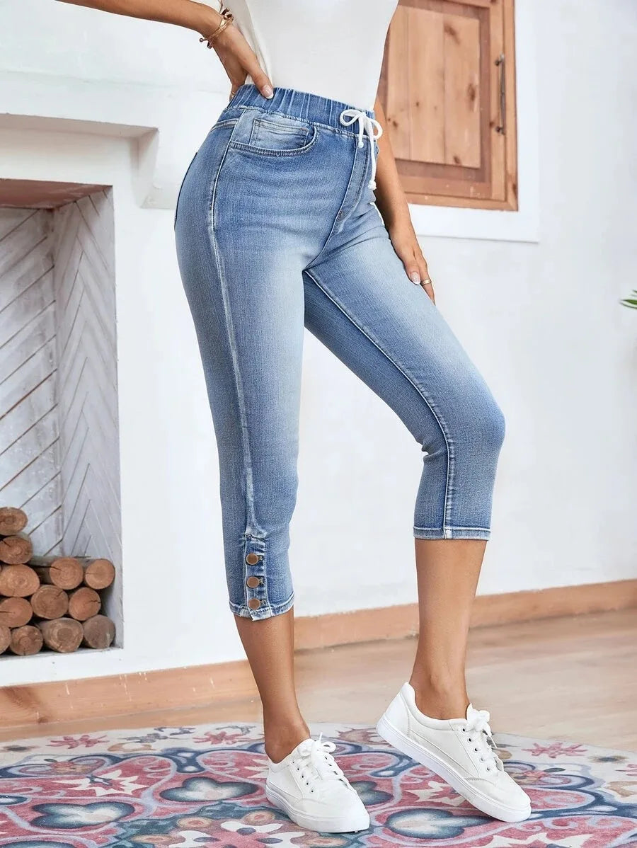 Amy Fashion - Elastic Waist Calf-Length Summer Casual Skinny Fashion High Slim Jean