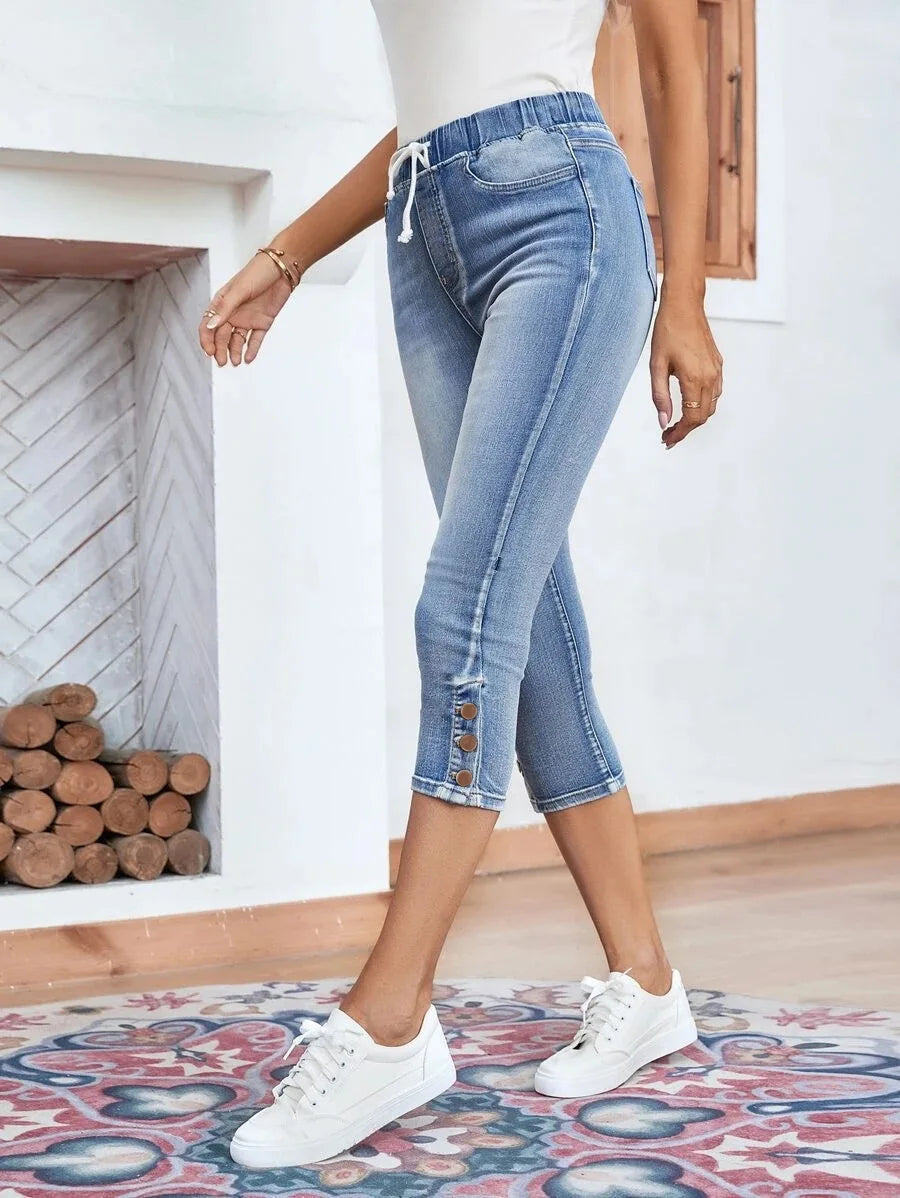 Amy Fashion - Elastic Waist Calf-Length Summer Casual Skinny Fashion High Slim Jean