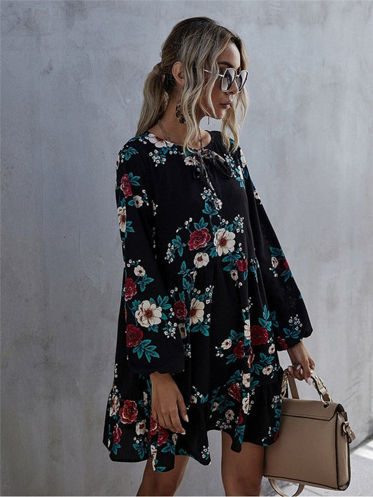 Amy Fashion - Casual O-neck Full Sleeve High Waist Floral Dress