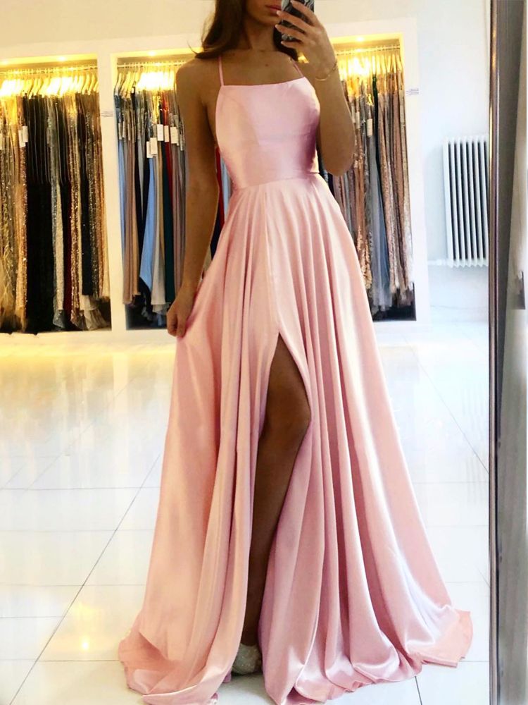 Amy Fashion - Backless Side Slit Halter Satin Evening Party Dress