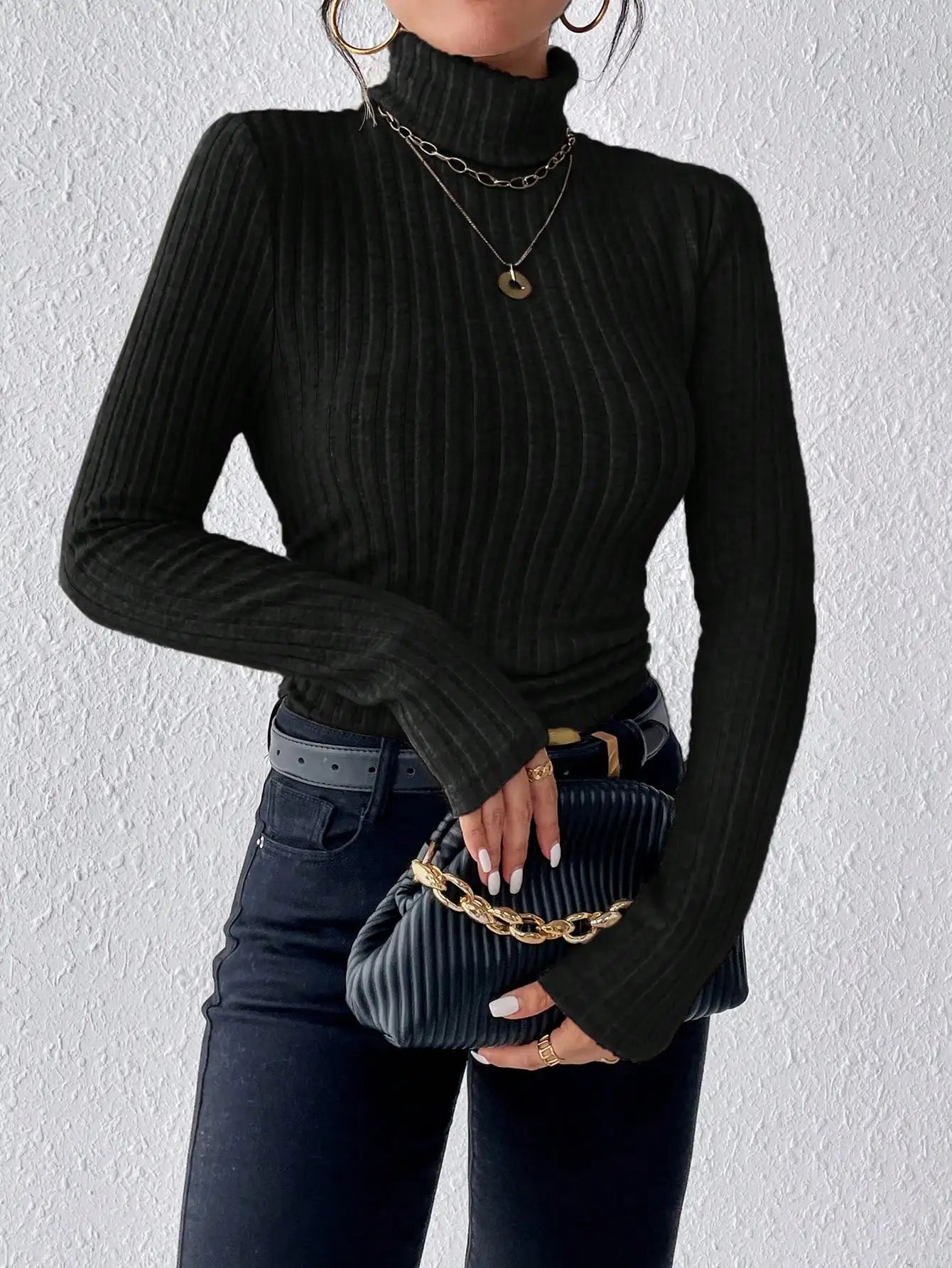 Elegant Solid Basic Knitted Tops Women Turtleneck Long Sleeve Casual Slim Sweater