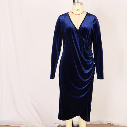 Velvet Bodycon Dress with Wrapped V-neck and Long Sleeves - Christmas Party Dress for Women