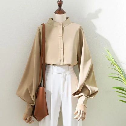 Loose Korean Office Ladies Fashion Button Up Lantern Stand Collar Tops Blouse