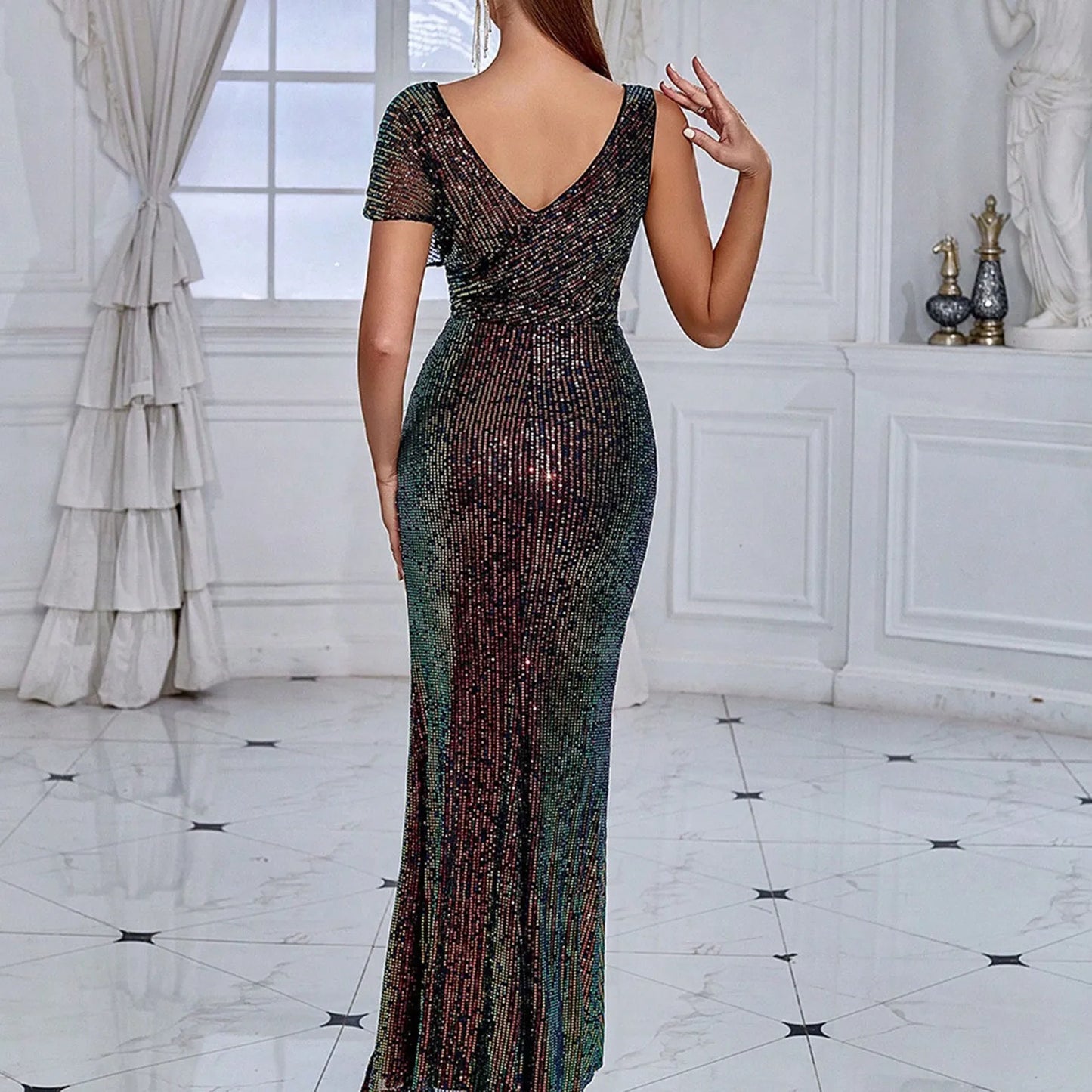 Elegant Sequined One-Shoulder Ruffled Side-Split Draped Evening Prom Maxi Dress