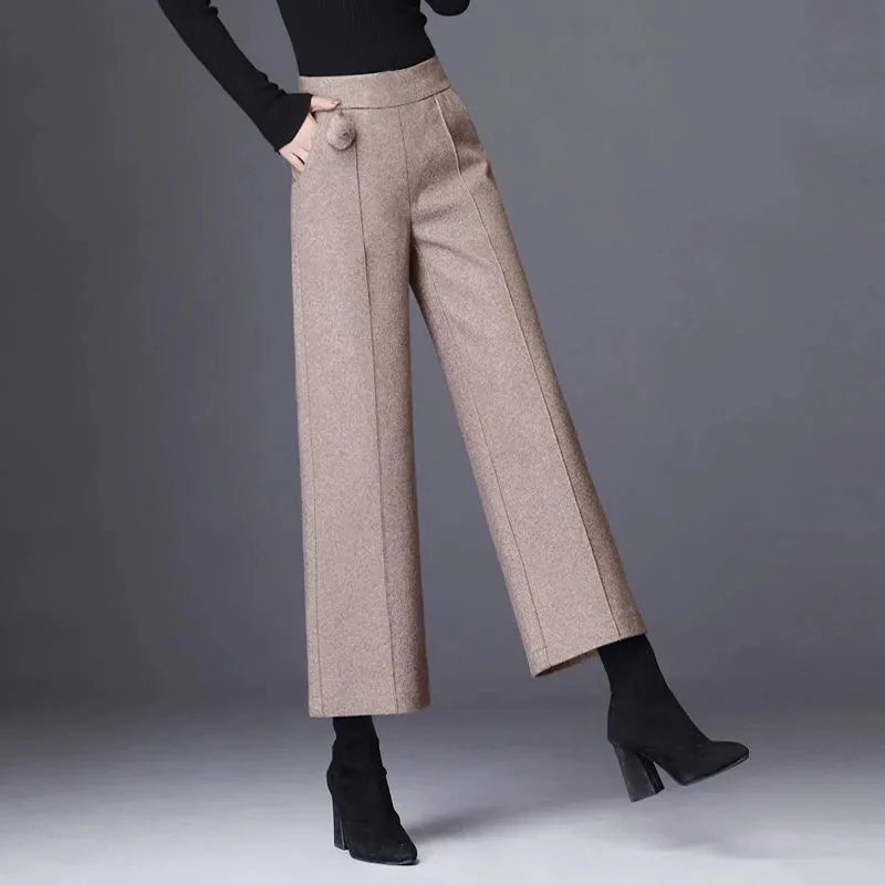 Elegant Woolen Blend Wide Leg High Waist Office Pants