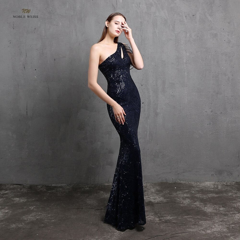 Amy Fashion - One-Shoulder Floor-Length Mermaid Sequined Evening Dress