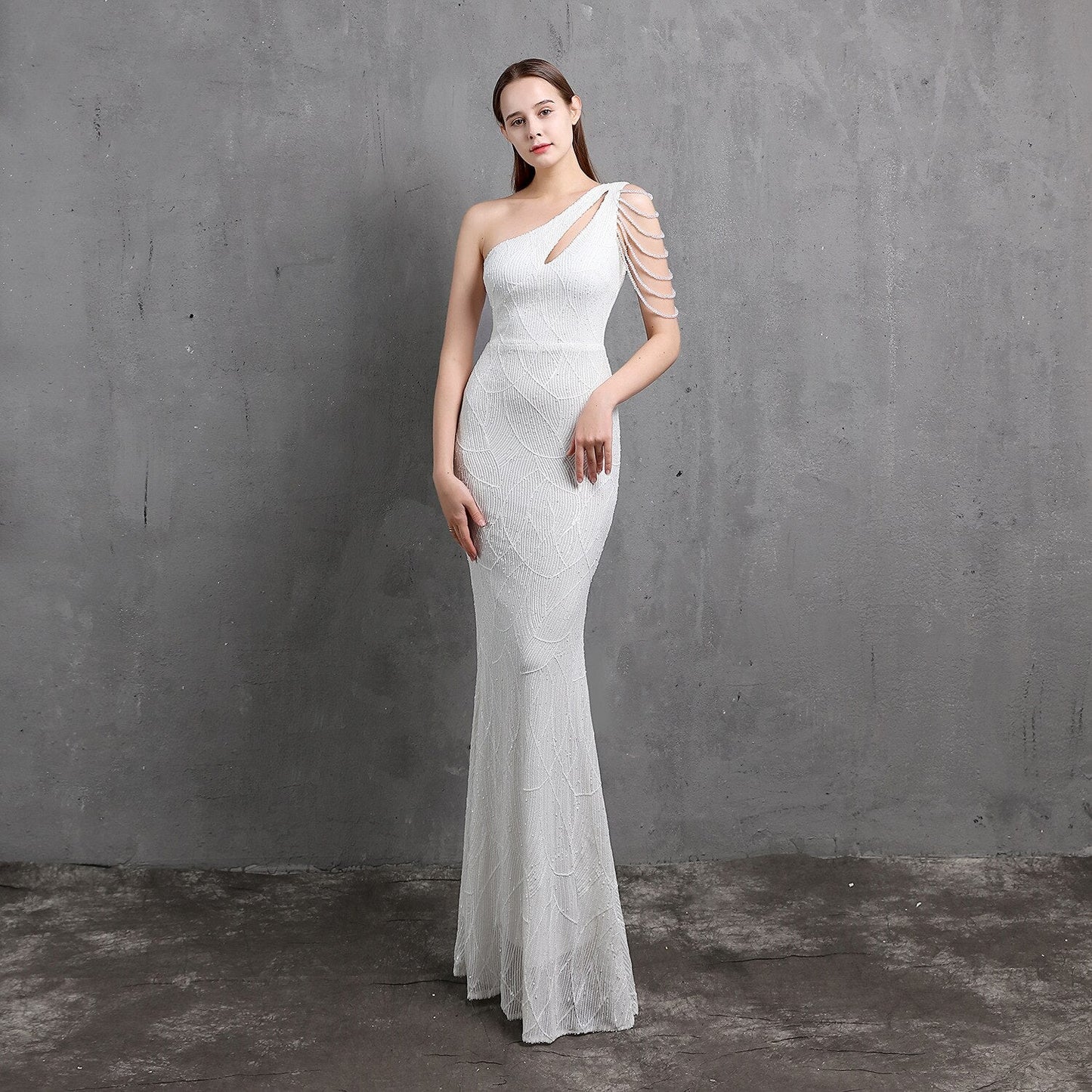 Amy Fashion - One-Shoulder Floor-Length Mermaid Sequined Evening Dress