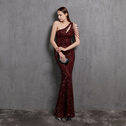 Amy Fashion - One-Shoulder Floor-Length Mermaid Sequined Evening Dress