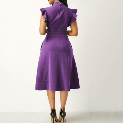 Amy Fashion - Fashion Solid Color Tie Ruffled Fly Sleeve Slim Midi Dress