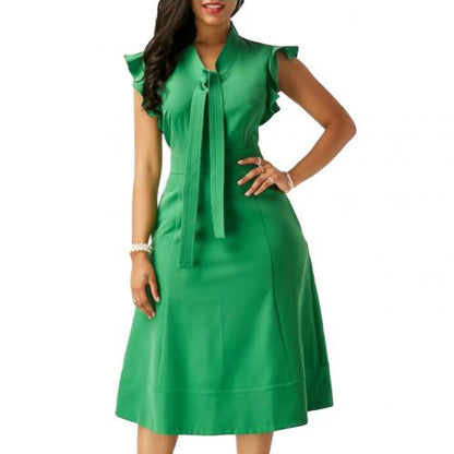 Amy Fashion - Fashion Solid Color Tie Ruffled Fly Sleeve Slim Midi Dress