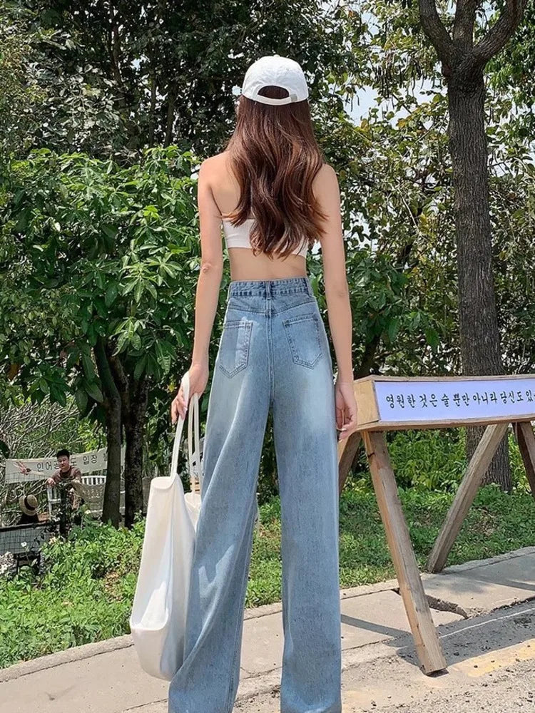 Amy Fashion - New Straight Loose High Waist Thin Women's Summer Thin Section Wide Leg Pants Jean