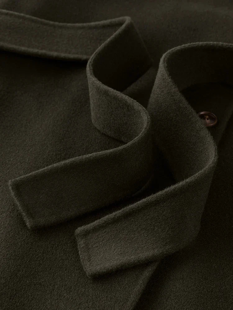 Wool Stand Collar Diagonal Placket Design Double-Breasted Long Dark Green Straight Commuter Black Coat