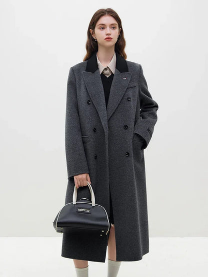 Wool Temperament Dark Grey Front Shoulder Long Notched Collar Double Breasted Female Coat