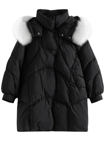 Fox Fur Detachable Hooded Mid-Length Black Gentle White Female Long Coat