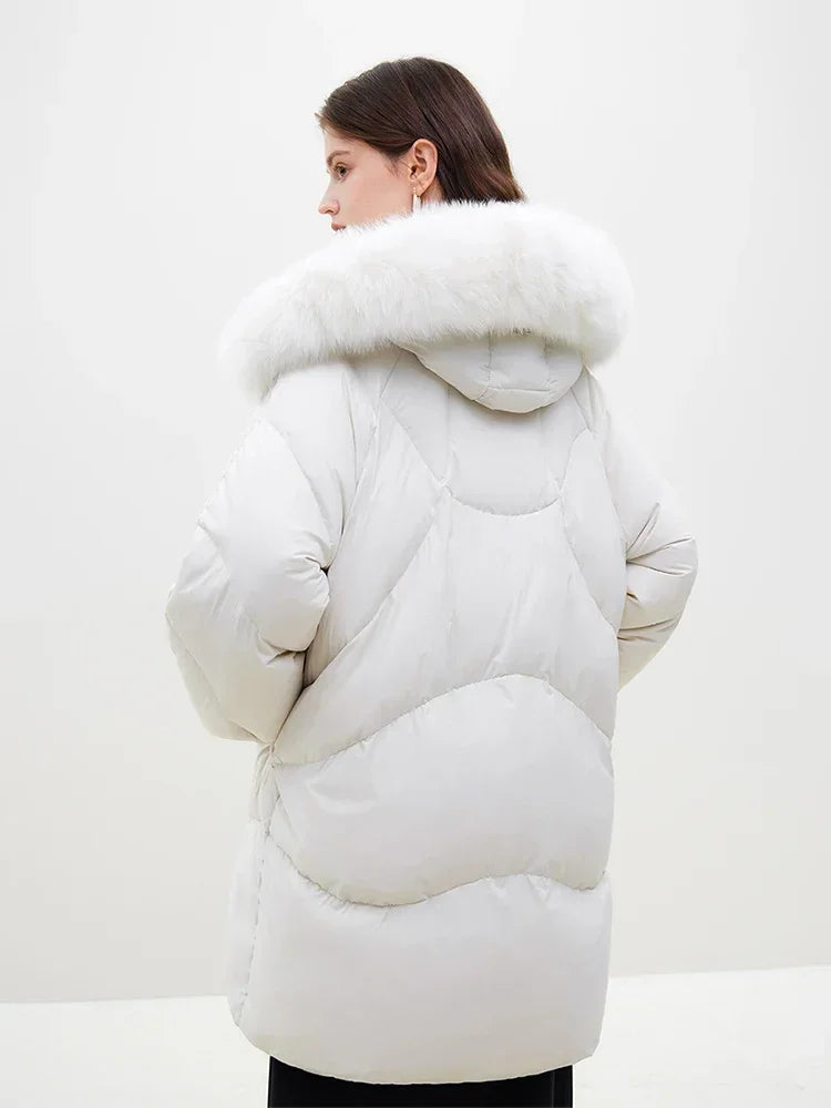 Fox Fur Detachable Hooded Mid-Length Black Gentle White Female Long Coat