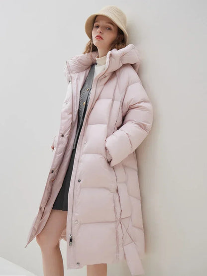 Hooded Long Black Simple Raglan Sleeve Thicken Winter White Duck Female Coat