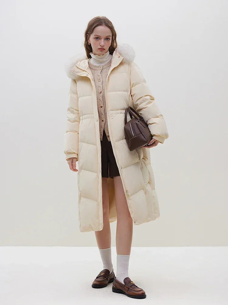 Winter Warm Black Long Light Yellow Fox Fur Collar Straight Down Coat