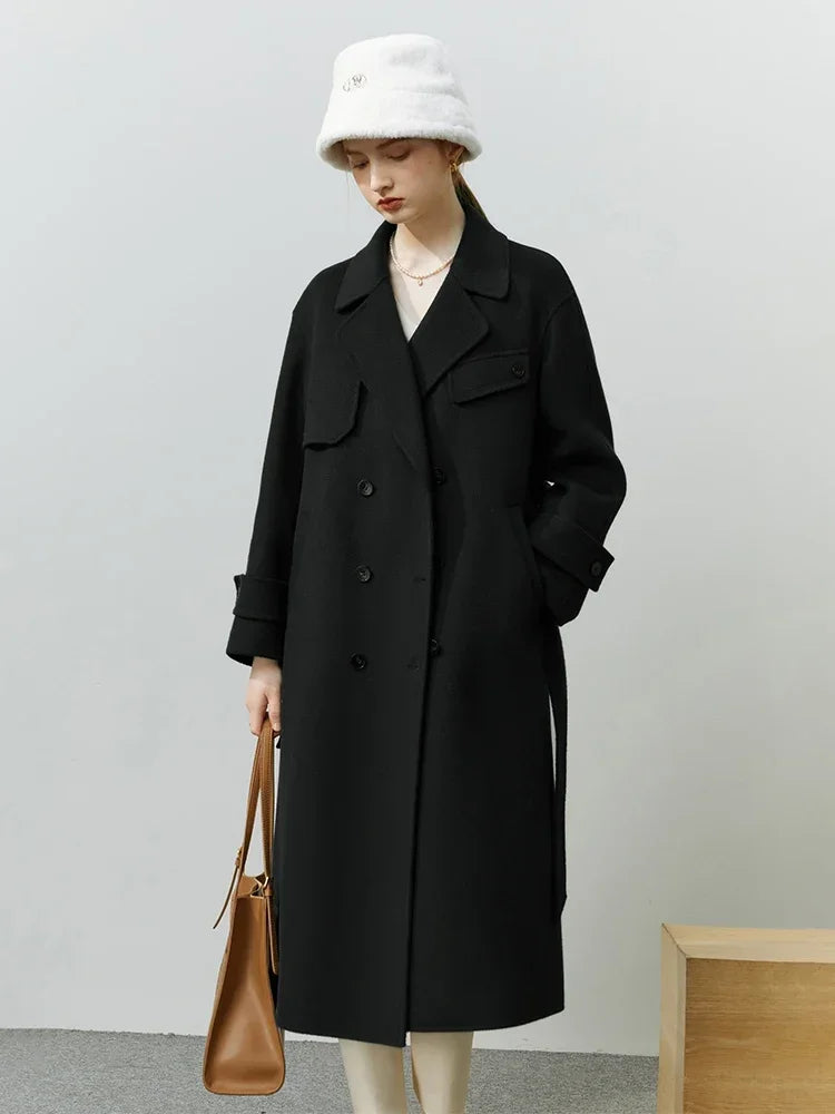 Hepburn Style Pure Woolen Autumn Winter Temperament Office Lady Double-sided Mid-length Coat