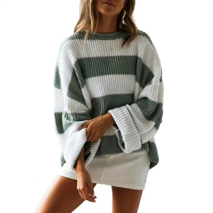 Fall Winter Colorblock Knitted Thick Loose Warm Elastic Cozy Sweater