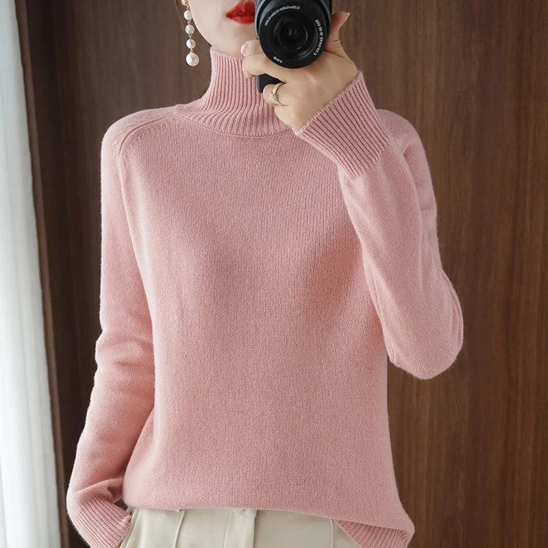 Fashion Basic Autumn Winter Merino Wool Mock Neck Cashmere Pullover Soft Long Sleeve Sweater