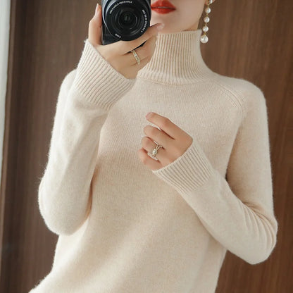 Fashion Basic Autumn Winter Merino Wool Mock Neck Cashmere Pullover Soft Long Sleeve Sweater