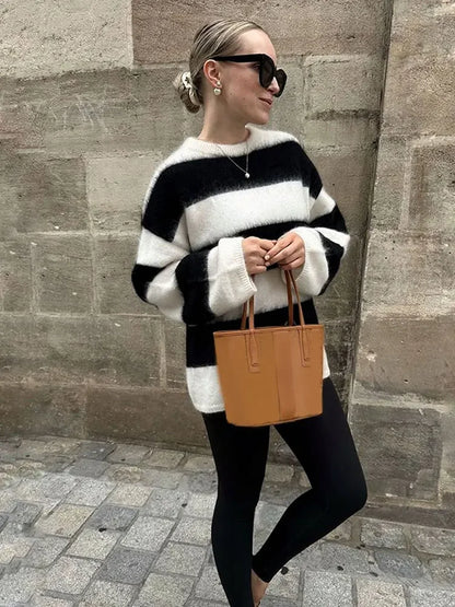 Black White Stripes Loose Casual Round Neck Warm Pullover Sweater