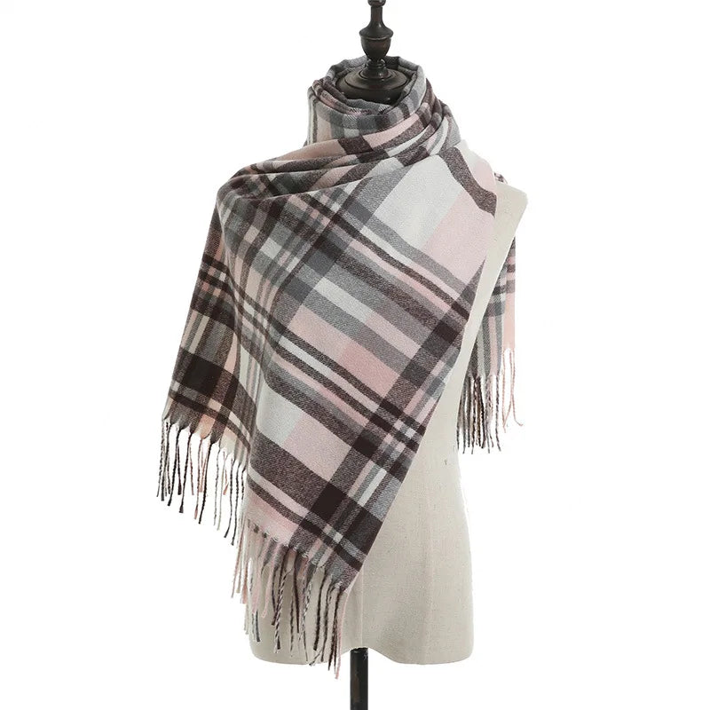 Vintage Plaid Cashmere Knit Tassel Scarf for Women