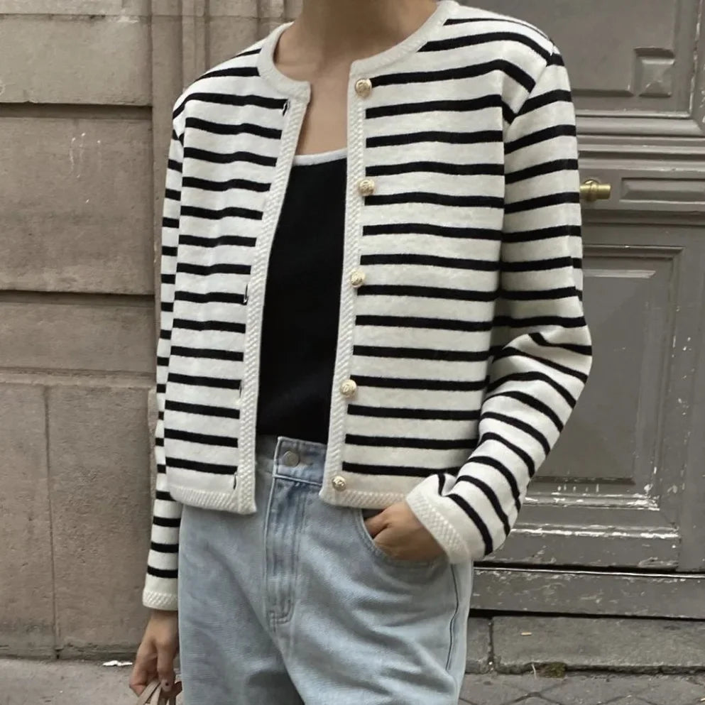 Knit Striped Shorts Long Sleeve Slim Two Piece Sets Sweater