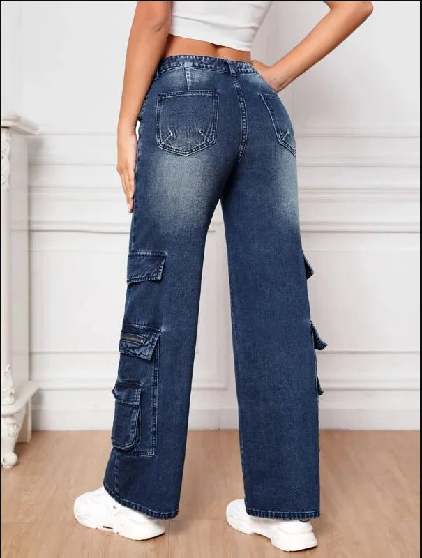 Amy Fashion - Fashion Multi Pocket Women's High Waist Y2K Loose Cargo Denim Wide Leg Casual Clothing 2024 Fall New S-2XL Jean