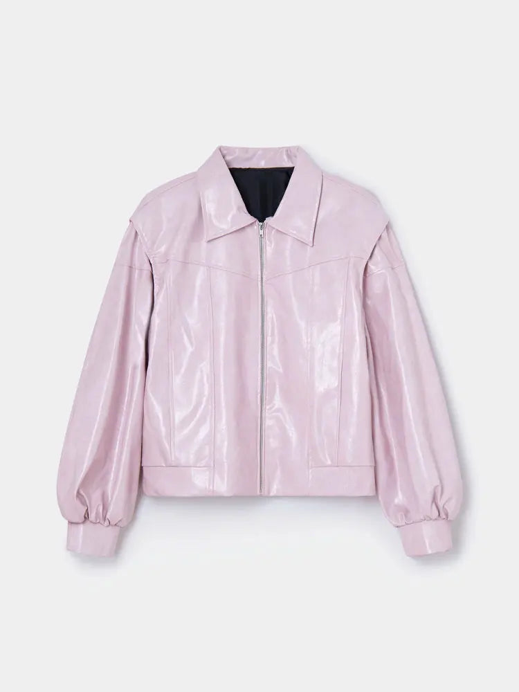 Pink Big Lapel Faux Leather Casual Zipper With Pocket Long Sleeve Commute Chic Jacket