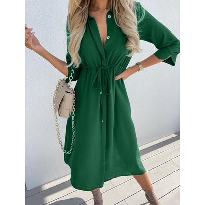 Amy Fashion - Fashion Pure Color Elegant Button Lace Up Midi Dress