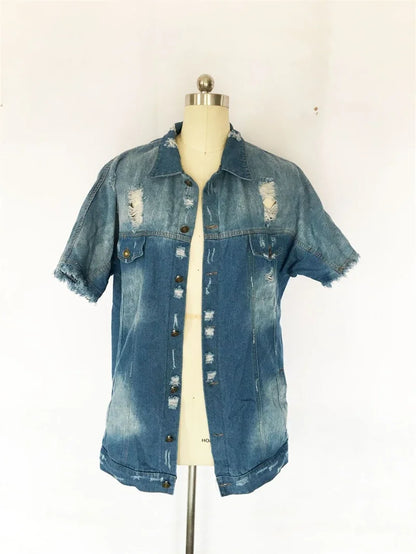 Ripped Jean Summer Broken Holes Denim Streetwear Short Sleeve Jacket