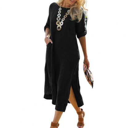 Amy Fashion - Sleeve Button O Neck Slit Hem Long Dress