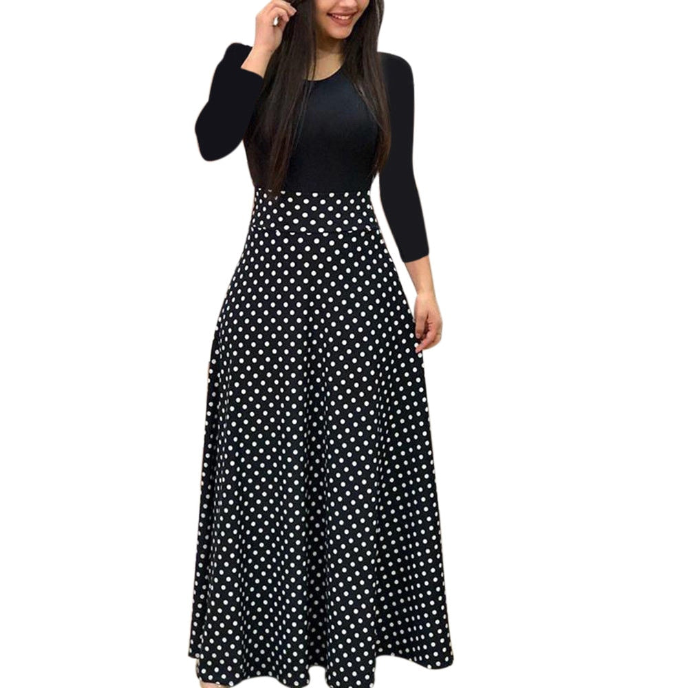 Amy Fashion - Polka Dot Long Sleeve Print Patchwork Long Maxi Dress