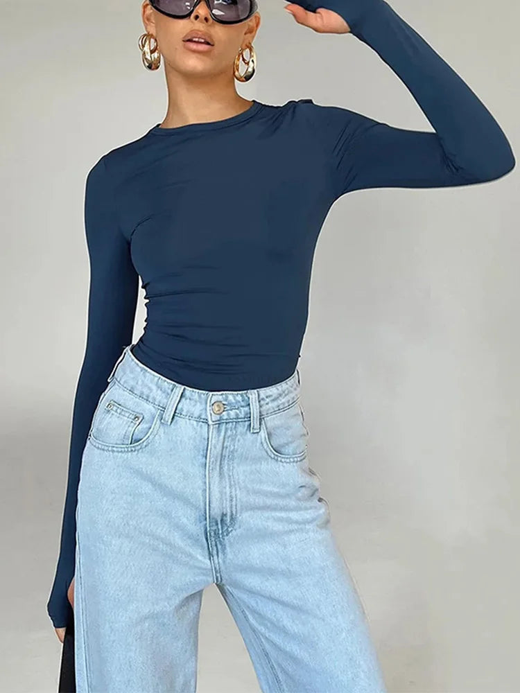 Long Sleeve Crew Neck Solid Slim Fit Thumb Holes Crop Top