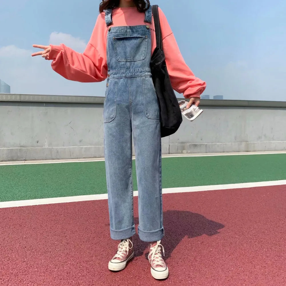 Amy Fashion - Denim Jumpsuits Women Pant Woman High Waist Denim Pants Wide Leg Denim Clothing Blue Vintage Quality Fashion